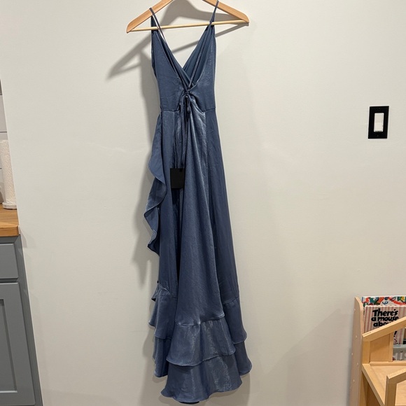 NWT Lulus In Love Forever Slate Blue Satin Lace-Up High-Low Maxi Dress - Picture 6 of 10